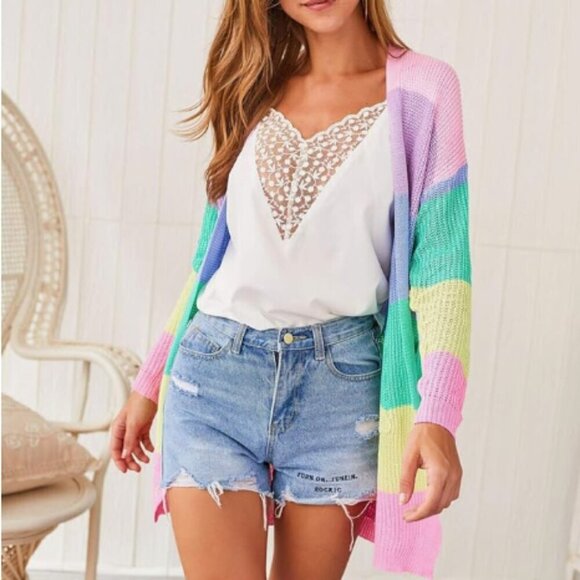Pastel Rainbow Knit Long Sleeve Cardigan Lightweight Spring Pockets Colorblock - Picture 5 of 16
